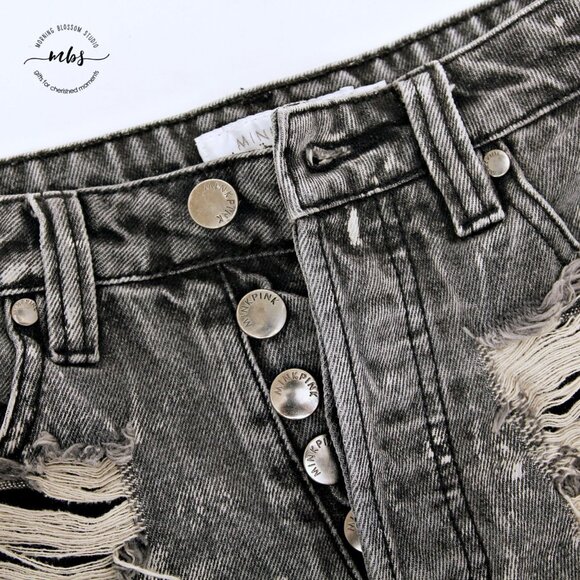 Mink Pink Thrashed Cutoff Distressed High Waist Fray Hem Button Fly Denim Shorts - Picture 11 of 14